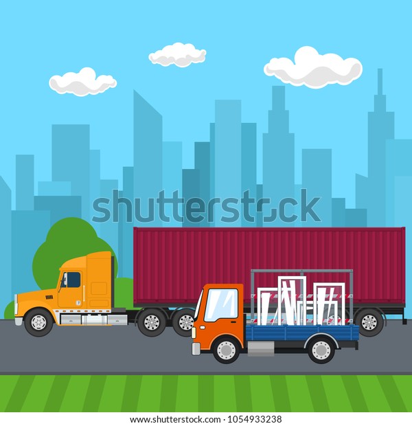 Road Transport and Logistics, Truck\
and Small Lorry with Windows Drive on the Road on the Background of\
the City, Transport Services, Vector\
Illustration