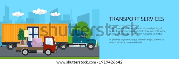 Road transport and logistics,\
truck and small cargo van with furniture drive on the road on the\
background of the city, transport services banner, vector\
illustration