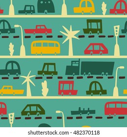 Road and transport seamless pattern. Cartoon road of cars and traffic. Bus, trailer, truck, convertible. Texture for children fabric.
