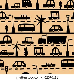 Road and transport seamless pattern. Cartoon road of cars and traffic. Bus, trailer, truck, convertible. Texture for children fabric.