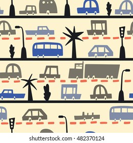 Road and transport seamless pattern. Cartoon road of cars and traffic. Bus, trailer, truck, convertible. Texture for children fabric.