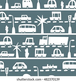 Road and transport seamless pattern. Cartoon road of cars and traffic. Bus, trailer, truck, convertible. Texture for children fabric.