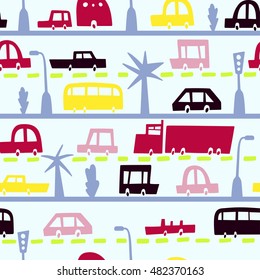Road and transport seamless pattern. Cartoon road of cars and traffic. Bus, trailer, truck, convertible. Texture for children fabric.