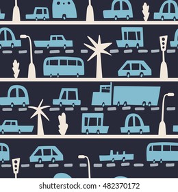 Road and transport seamless pattern. Cartoon road of cars and traffic. Bus, trailer, truck, convertible. Texture for children fabric.