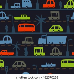 Road and transport seamless pattern. Cartoon road of cars and traffic. Bus, trailer, truck, convertible. Texture for children fabric.