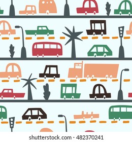 Road and transport seamless pattern. Cartoon road of cars and traffic. Bus, trailer, truck, convertible. Texture for children fabric.