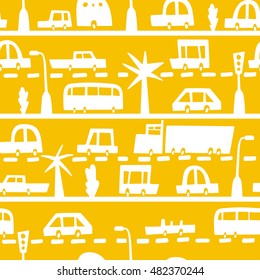 Road and transport seamless pattern. Cartoon road of cars and traffic. Bus, trailer, truck, convertible. Texture for children fabric.