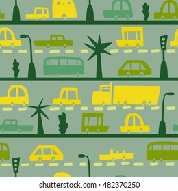 Road and transport seamless pattern. Cartoon road of cars and traffic. Bus, trailer, truck, convertible. Texture for children fabric.