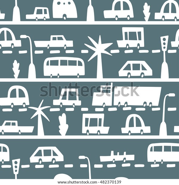 Road and transport seamless pattern. Cartoon road\
of cars and traffic. Bus, trailer, truck, convertible. Texture for\
children fabric.