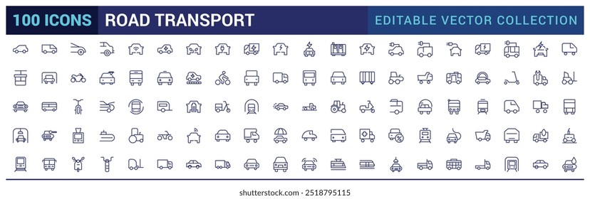 Conjunto de iconos de línea delgada de transporte por carretera. Iconos del vehículo. Iconos del movimiento del transporte colección en estilo fino moderno de la línea de autobús, coche, ambulancia, auto.