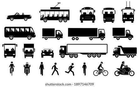 Road transport and transportation icons. Vector cliparts of walking man, bicycle, motorbike, motorist driving car, lorry, van on more. Set of vector illustrations isolated on white background