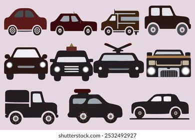 Road transport vehicle, car, taxi, ambulance, police car, delivery van icon set.