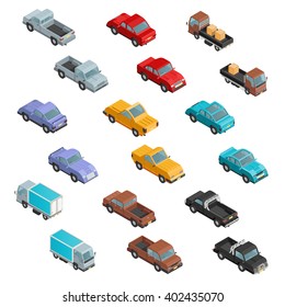 Road transport vehicles carryings passengers and cargo automobiles colorful  isometric icons collection abstract isolated vector illustration