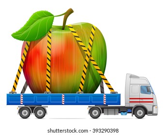 Road transportation of apple fruit. Delivery of big apple with leaf in back of truck. Vector illustration