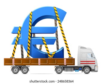 Road transportation of euro symbol. Big sign of money in back of truck. Qualitative vector illustration for banking, financial industry, money, economy, accounting, etc