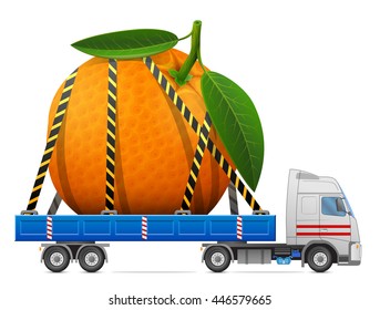 Road transportation of fresh orange fruit. Delivery of big orange with leaves in back of truck. Vector image