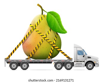 Road transportation of fresh pear fruit. Delivery of big pear with leaf in back of truck