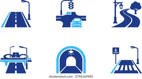 Road transportation infrastructure highways intersections tunnels. Traffic lights and street signs symbols.