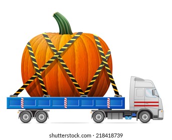 Road transportation of pumpkin fruit. Big winter squash in back of truck. Qualitative vector illustration for agriculture, vegetables, cooking, halloween, gastronomy, thanksgiving, olericulture, etc