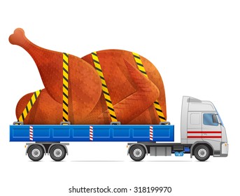Road transportation of roast chicken. Delivery of big christmas whole turkey in back of truck. Vector illustration