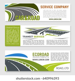 Road and transportation services banner set. Road and highway symbols with rural roadway, speedy asphalt freeway and modern interchange with text layout for building company, travel agency design