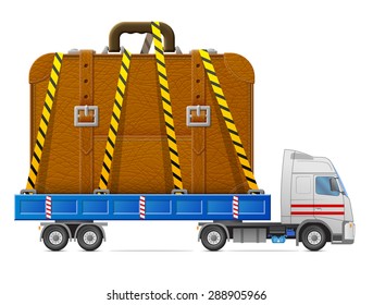 Road transportation of suitcase. Delivery of big travel bag in back of truck. Qualitative vector illustration about travel, luggage, tourism, accessory, vacation, baggage, trip, etc