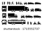 Road transports and transportation icons. Vector cliparts of man walking, cycling bicycle, riding motorbike, motorist driving car, lorry, and van. Many people taking public bus.