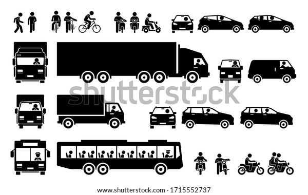 Road\
transports and transportation icons. Vector cliparts of man\
walking, cycling bicycle, riding motorbike, motorist driving car,\
lorry, and van. Many people taking public\
bus.