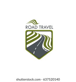 Road travel agency vector icon for tourist or transport transit and journey adventure company. Vector design of highway and motorway with traffic marking on lane for tourist travel service group