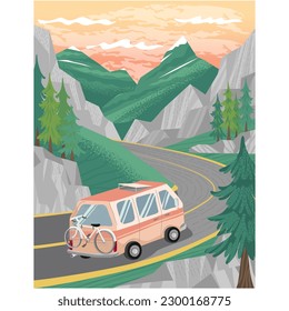 Viaje en montaña en vehículo vectorial