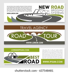 Road travel and construction banners set for highways investment, bridge building and tunneling company. Vector design of road path and transportation lanes for transport development service