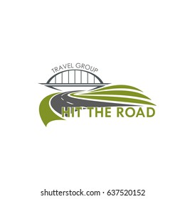 Road Travel Icon With Highway Curve And Bridge For Tourist Company Or Travel Group. Vector Isolated Symbol Of Motorway Lane And Horizon For Road Travel Booking Or Ticketing Agency Office