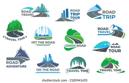 Iconos de viaje por carretera. Aventura por carretera, tiempo de viaje y recorrido por carretera símbolo vectorial, emblema o icono con carretera sinuosa, camino o autopista, rascacielos urbanos, cumbres montañosas y árboles forestales en el horizonte