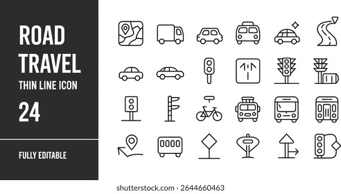 Road travel icons showing cars buses and traffic signals isolated