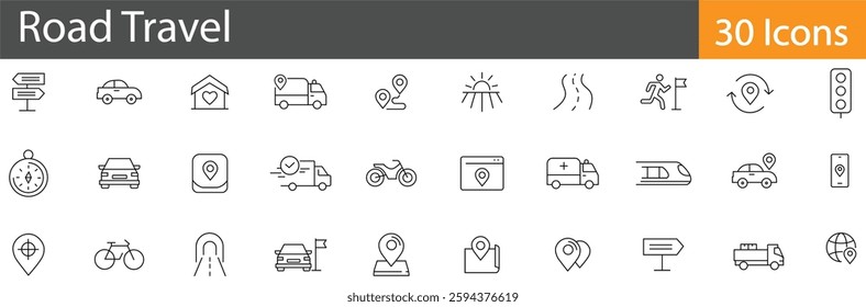 Road Travel Line Icons Set. Collection of 30 outline icons representing transportation, navigation, vehicles, tourism, and road safety. Editable stroke .vector illustration.