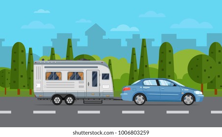 Road travel poster with car and camping trailer on countryside background. RV trailer caravan, compact motorhome, mobile home for country traveling and outdoor family vacation vector illustration.