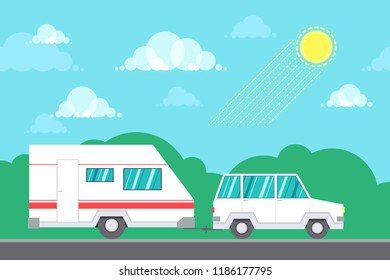 Road travel poster with car and camping trailer on highway. Flat style design vector illustration.