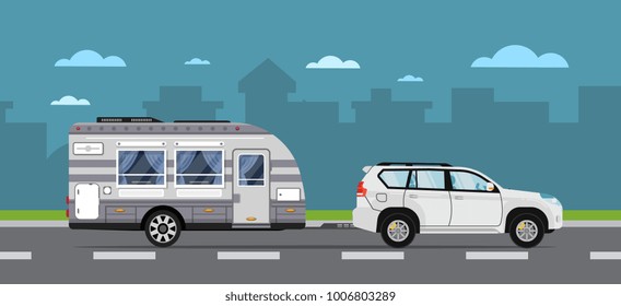 Road travel poster with suv car and camping trailer on highway. Modern RV trailer caravan, compact motorhome, mobile home for country traveling and outdoor family vacation vector illustration.