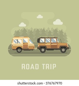 Road travel trailer and SUV driving on forest area road. Family traveler truck summer trip concept. RV travel landscape poster. Camper on road trip.