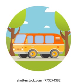 Road travel. A trip on the wood during week-end on a kamping in the van. The car goes on the way to a roadside trees. In flat style a vector. Road trip in a minivan.
