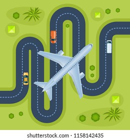 Road with traveling transport, surrounding landscape around, flying up of plane. Navigation route, highway with urban vehicles, map of traffic along an asphalt road. Vector illustration isolated.