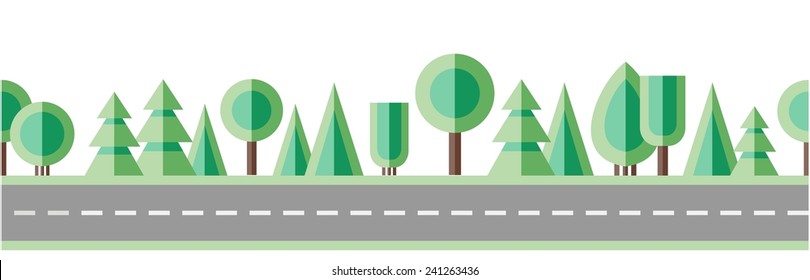 Road and trees. Flat design. Seamless border. Vector. 