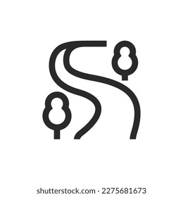 Road and trees, linear style icon, winding road. Editable stroke width