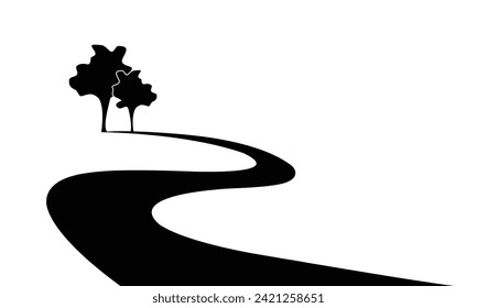 diseño del logotipo de carreteras y árboles, icono de la carretera sinuosa y símbolo del paisaje, símbolo vectorial en estilo plano aislado en fondo blanco y espacio de copia para el texto