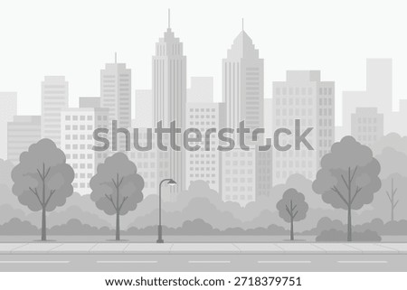 Road, trees, sidewalk, and buildings. City view flat panoramic background with modern city skyline. Vector illustrations.