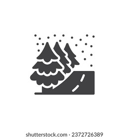 Carretera con árboles e icono del vector de nieve. signo plano relleno para concepto móvil y diseño web. Icono de glifo de Winter Road. Símbolo, ilustración del logotipo. Gráficos vectoriales