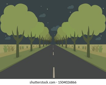 road and trees straight vector illustration night