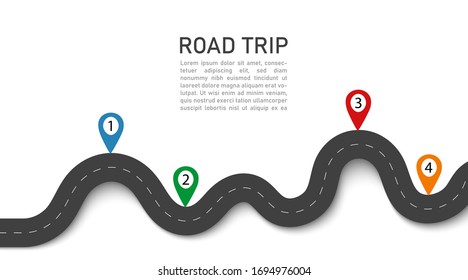 Road trip. 3D journey with gps navigation, location in street. Winding way map. Asphalt for car in highway. Travel on taxi. Infographic for path. Transport traffic route. Road taxi background. Vector.