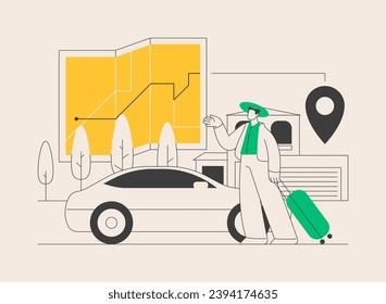 Road Trip abstraktes Konzept, Vektorgrafik. Reisen mit dem Auto, Straßenplanungsplattform, Mietservice, GPS-Navigation, Attraktionen auf der Strecke, Auslandsfahren, Budgetierung abstrakter Metapher.