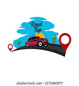 Road trip adventure drive highway logo vector. Summer driving, Road trip car display. view of mountains and cactus. holiday vector illustration